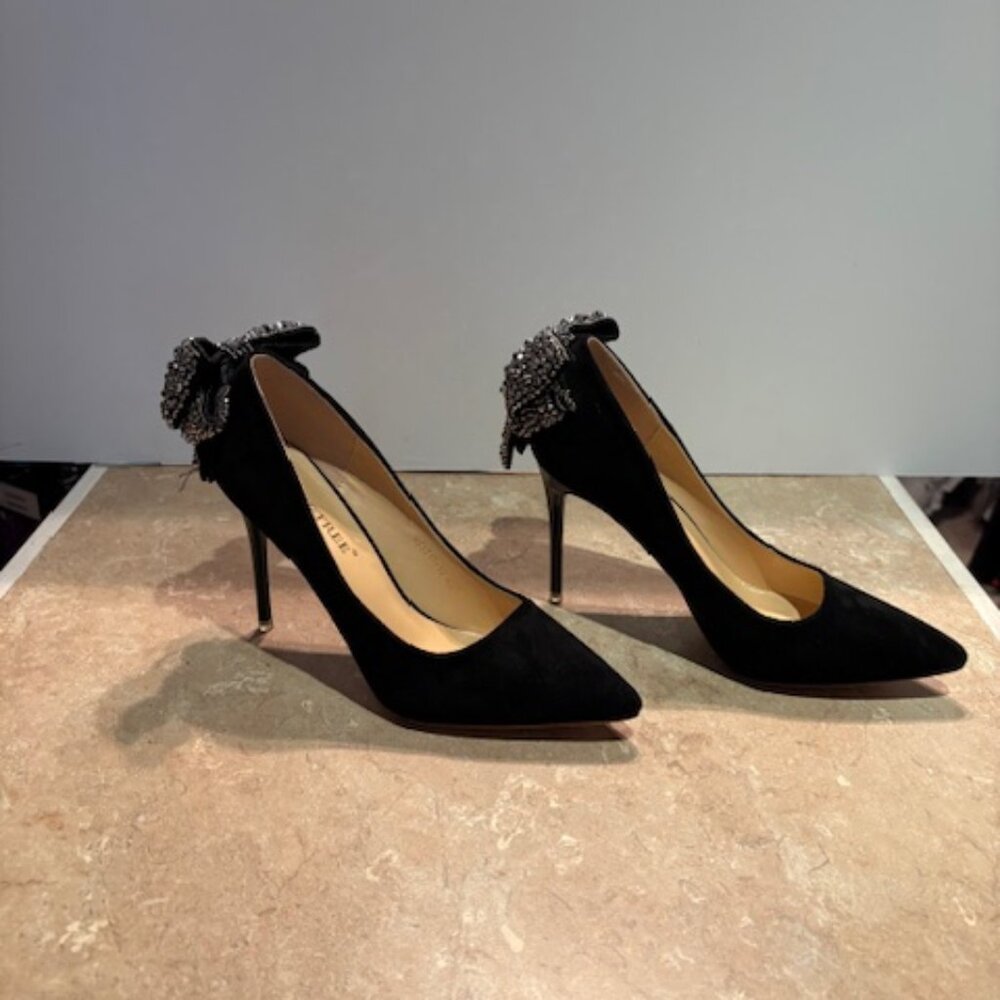 Black suede pumps with crystal bows at back by Big Tree